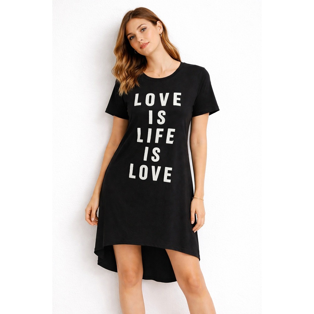 Noa&Noa‎ Black Sequin Love Is Life Is Love High-Low T-Shirt Dress 100% Cotton